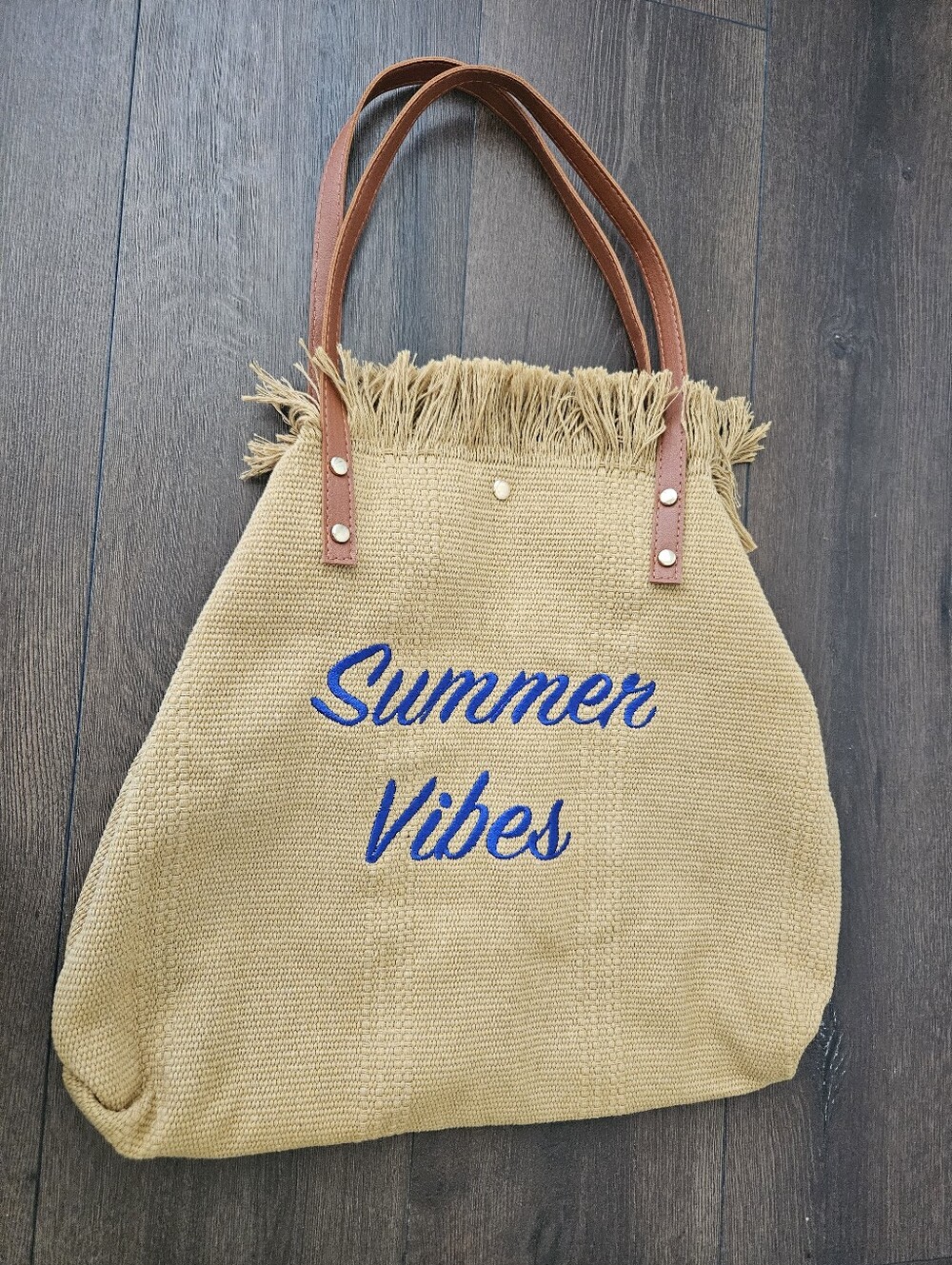 NWOT Summer Vibes Woven Fringe Beach Tote Straw Look Canvas Shoulder Bag | Boho - Picture 5 of 8